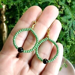 Obsidian Crystal Beaded Dangle Earrings, Boho Chic Gemstone Jewelry 2"